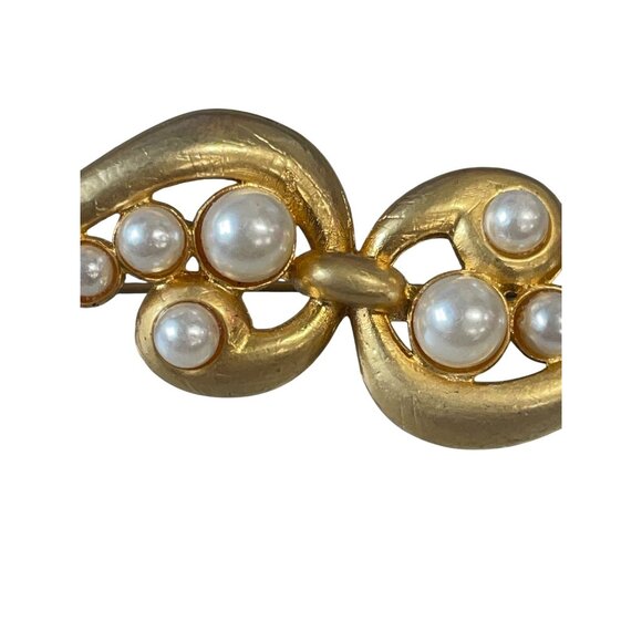 Vintage Gold-Tone Brooch With Faux Pearl Accents & Swirl Design - Picture 2 of 3